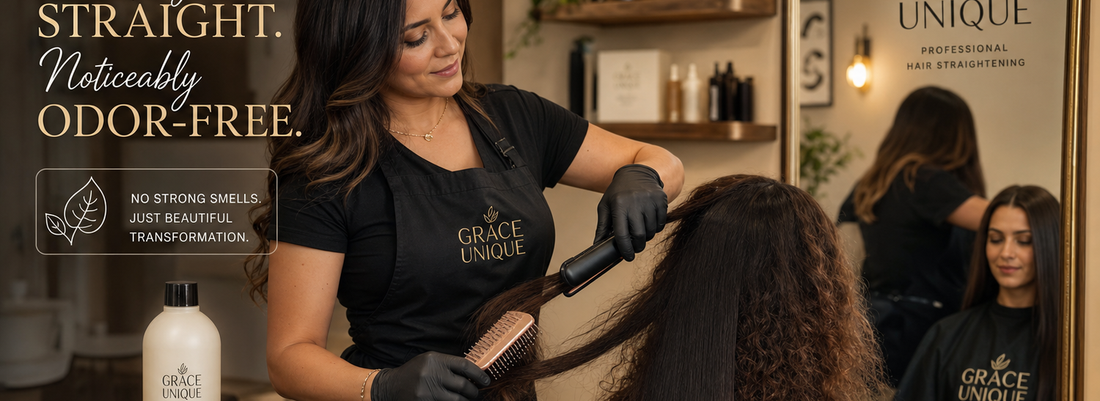 A woman applying an odor-free hair straightening treatment