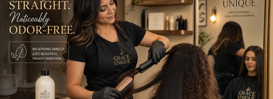 A woman applying an odor-free hair straightening treatment