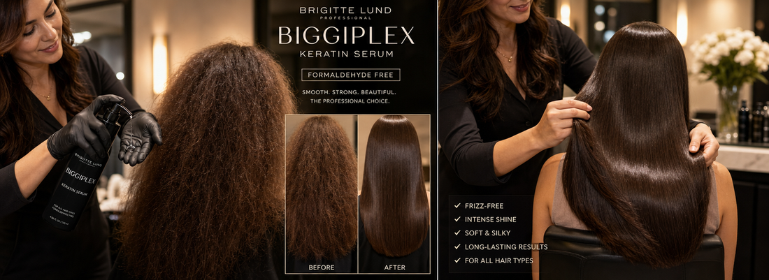 Brigitte Lund Biggiplex Keratin Serum bottle on a stylish background