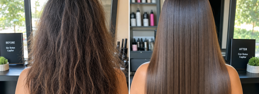 A stylist applying Btox treatment to a client's hair in a salon.