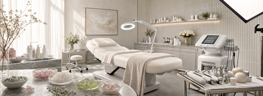 Professional cosmetological equipment and hair treatment products arranged in a modern beauty salon