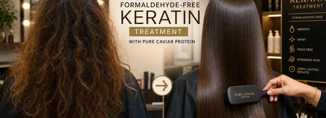 A stylist applying a formaldehyde-free keratin treatment in a salon setting