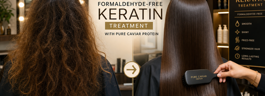 A stylist applying a formaldehyde-free keratin treatment in a salon setting