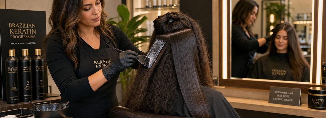 A professional stylist applying Brazilian Keratin Progressiva treatment to a client's hair in a salon setting.