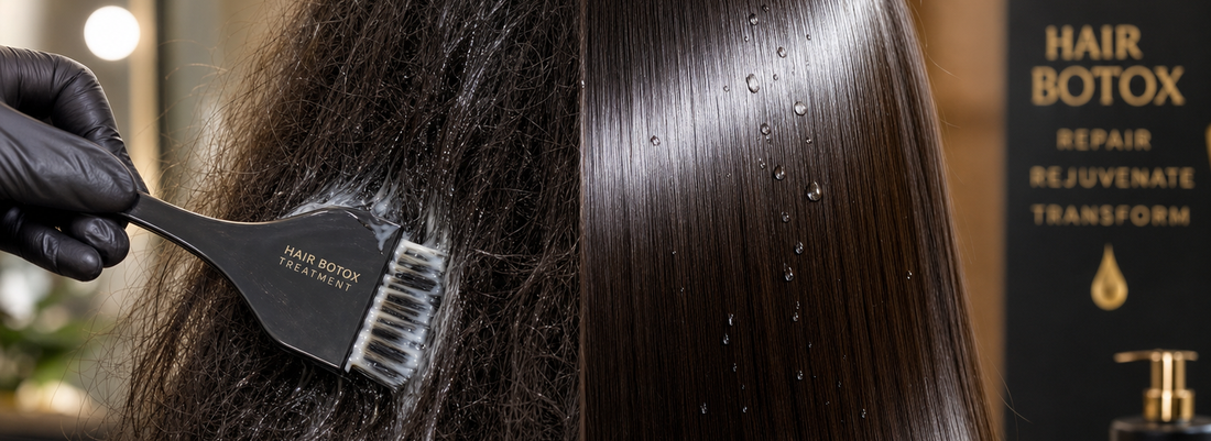 A stylist applying hair botox treatment to a client's hair for smooth and healthy results