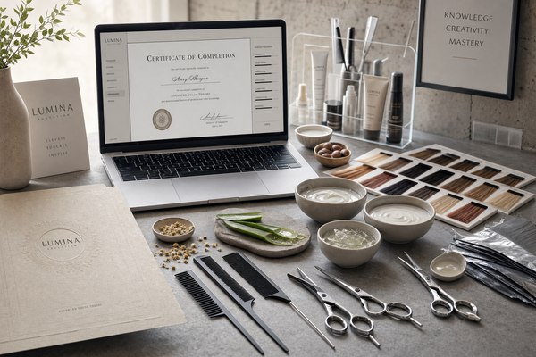 Stylist reviewing a digital hair course certificate with a professional salon keratin treatment kit