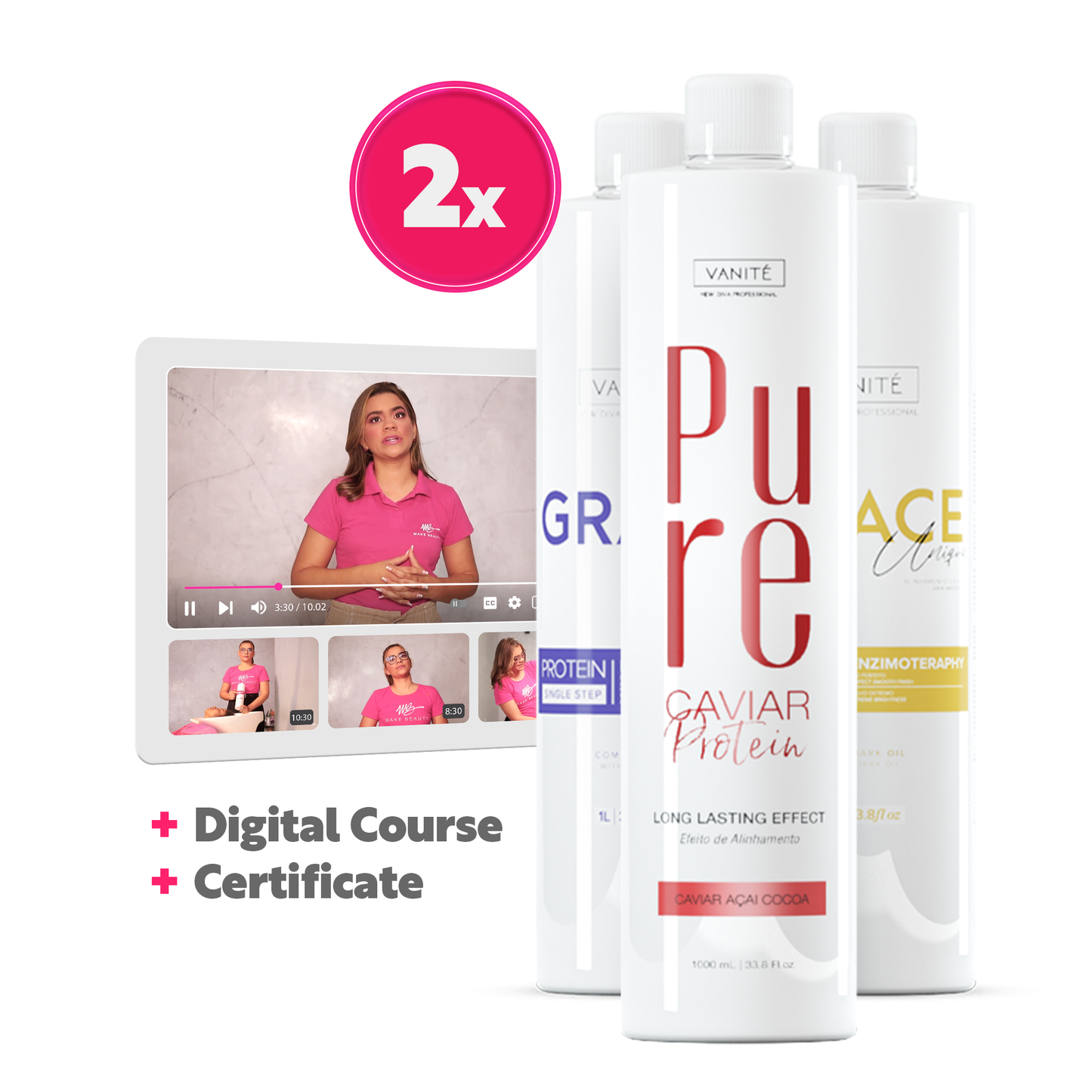 Pakkaus 2 Pure Protein 1000ml + 2 Grace Violet 1000ml + 2 Grace Unique 1000ml (33.8 fl oz) + Digitaalinen käyttöoikeuskurssi + Todistus
