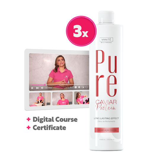 Pakkaus - 3 yksikköä puhdasta proteiinia | Puolivalmisteinen orgaaninen ja formaldehyditön | Kaikille hiustyypeille | 1000 ml (33,8 fl oz) + Digitaalinen käyttöoikeuskurssi + Todistus