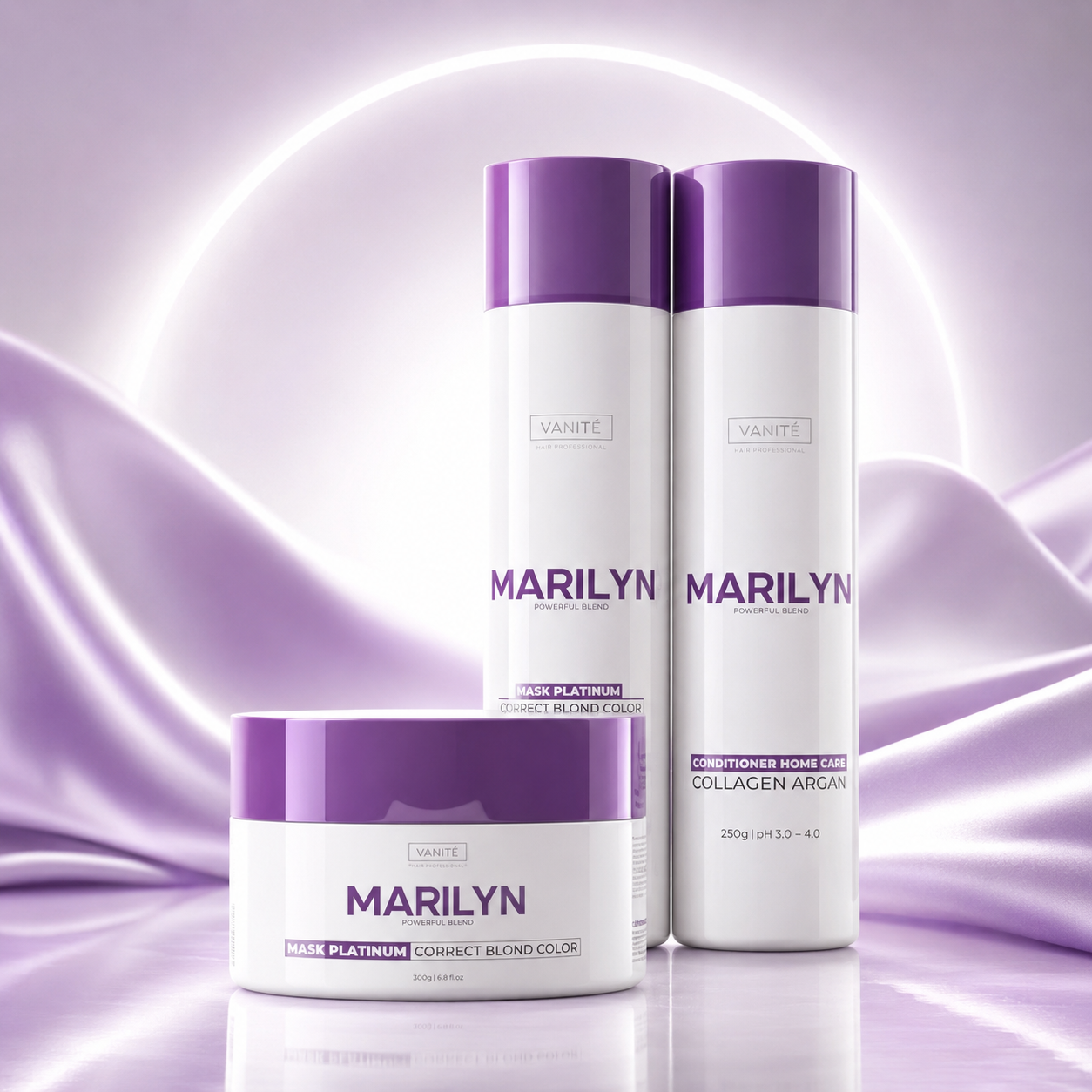Kit Home Care Marilyn | 01 Shampoo 250ml + 01 Conditioner 250ml + 01 Mask 300g | Para sa Blondes at Grays