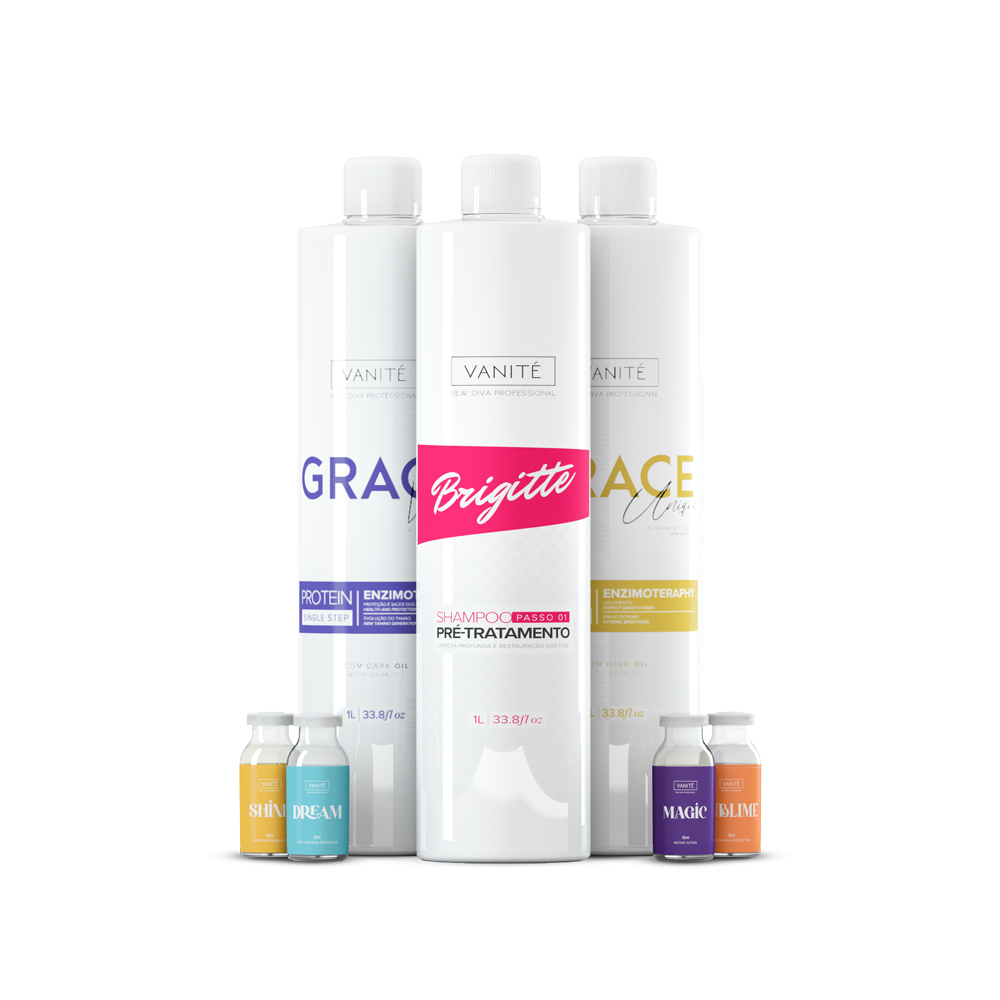 Kit Pro Beauty | 1 i xampú Brigitte 1000ml + 1 i Grace Violet 1000ml + 1 i Grace Unique 1000ml i 4 ampolles gratuïtes